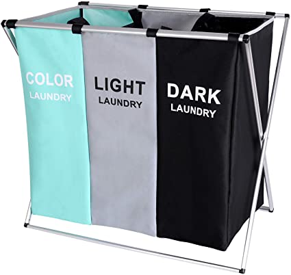 BRIGHTSHOW 135L Laundry Cloth Hamper Sorter Basket Bin Foldable 3 Sections with Aluminum Frame 62cm × 37cm x 58cm Washing Storage Dirty Clothes Bag for Bathroom Bedroom Home (Green Grey Black)