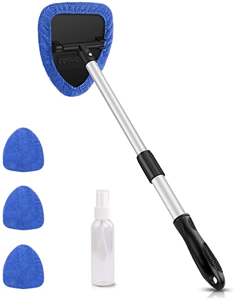 AstroAI Car Window Cleaner, 4 Reusable and Washable Microfiber Pads, Windshield Cleaning Tool with Telescopic and Extendable Handle Auto Inside Glass Wiper Kit, Blue