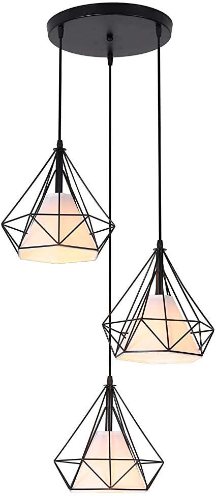 FAISHILAN Modern Industrial Style Metal Cage 3 Way Pendant Light Black Ceiling Light Fixture Diamond Rope Chandelier for Bedroom Cloakroom Living Room Ceiling Lamp Suitable E27 Light Bulb with Wire