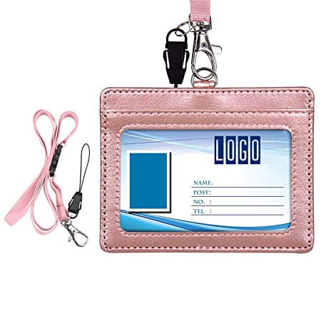 Wisdompro 2-Sided PU Leather ID Badge Holder with 1 ID Window and 1 Card Slot and 1 Piece 22 Inch Polyester Detachable Neck Lanyard Strap （Holds 3 to 3 Cards）- Horizontal (Rose Gold)