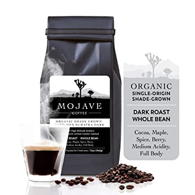 USDA Organic, Single-Origin Dark Roast, Shade-Grown Gayo Mountain Sumatra Coffee, Whole Bean, High Altitude Grown Arabica Beans, Small Batch, Fresh Roasted, 12oz Coffee Bag - Mojave Coffee