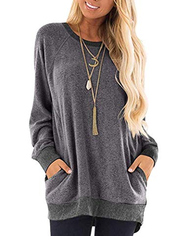 Womens Sweatshirts with Pockets Loose Pullover Long Sleeve T Shirt Round Neck Blouse Tops
