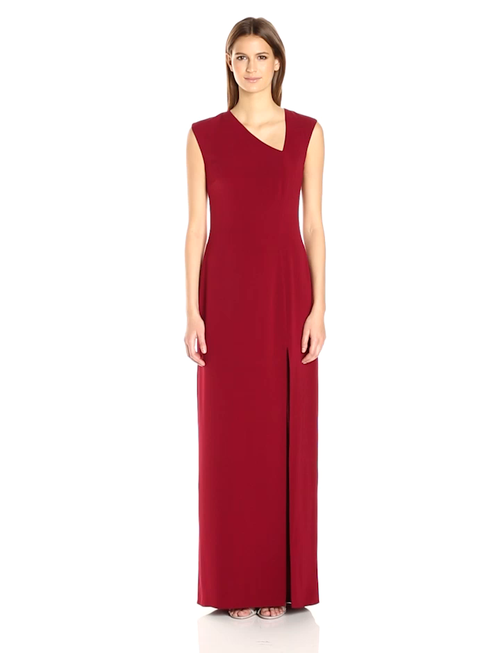Halston Heritage Women's Cap Sleeve Assymetrical V Neck Crepe Gown With Slit