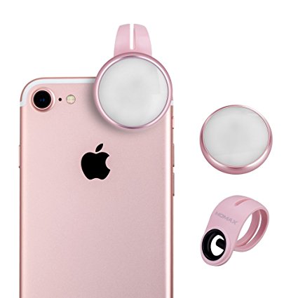 MOMAX Selfie Ring Light for Camera, Universal Clip-On Selfie LED Camera Light [12 LED with Rechargeable Battery] for iPhone iPad Sumsung Galaxy Photography Phones,Rose gold