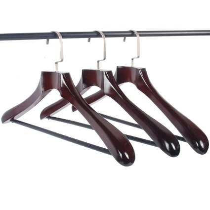LOHAS Home® H04 Extra-Wide Rounded Shoulders Wood Coat Hanger with Rib Bar, Wood Suite Hangers for Closet Collection, Polished Pearl Nickel Hook, Walnut Finish,3-pack