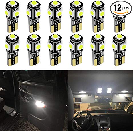 JAVR - Pack of 12 - White Non-Polarity Canbus Error Free T10 194 168 2825 W5W LED Bulbs 5SMD 5050 For Side Marker Lights Interior Map Dome Light License Plate Bulb