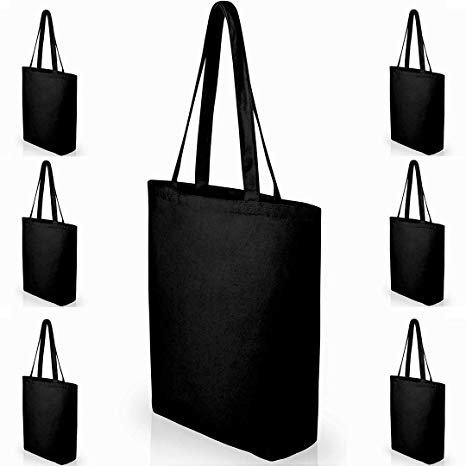 Heavy Duty Large Black Canvas Tote Bags with Bottom Gusset for Crafts, Shopping, Groceries, Books, and More! (6 Pack) 15x14x4 Inches