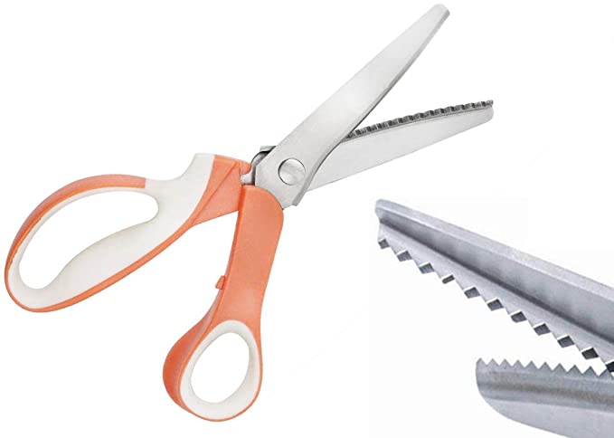 JISTL Professional Stainless Steel Dressmaking Sewing Craft Scissors, 9.3 inches Handled Pinking Shears (White-Orange)