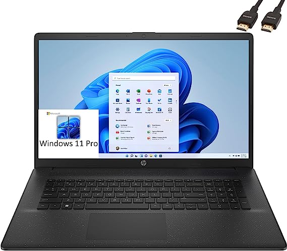 HP 17 Laptop, 17.3" HD  Computer, AMD Athlon Gold 7220UU, 8GB DDR4 RAM, 1TB PCIe SSD, 802.11AC WiFi, Bluetooth, USB Type-C, Webcam, Jet Black, Windows 11 Professional, BROAG HDMI Cable