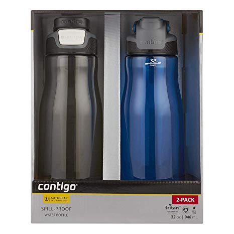 Contigo Autoseal Fit 32 oz. Spill Proof Water Bottle, 2 Pack (Smoke/Monaco)