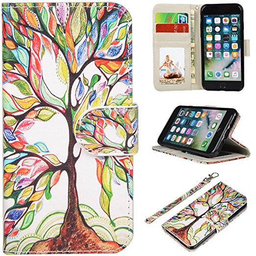 iPhone 7 Case, UrSpeedtekLive iPhone 7 Wallet Case, Premium PU Leather Flip Case Cover with Card Slots & Kickstand for Apple iPhone 7 - Life Tree Pattern