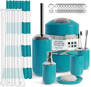 Clara Clark Bathroom Set - Teal Bathroom Accessories Set, 20PC Bathroom Accessory Set, Shower Curtain Set with Liner, Toothbrush Holder, Soap Dispenser, Soap Dish, Toilet Brush Holder, and Trash Can