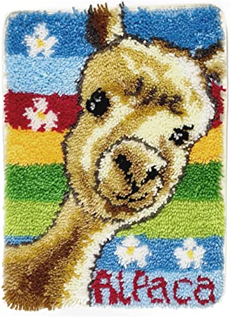 MLADEN Latch Hook Rug Kits DIY Crochet Yarn Rugs Hooking Craft Kit with Color Preprinted Pattern Design for Adults Kids (Cute Alpaca, 20 x 15in)
