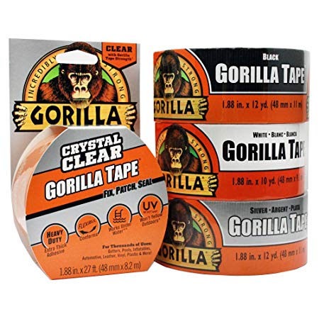 Gorilla Tape Small Roll Tough Pack including Black, White, Silver and Crystal Clear Duct Tape