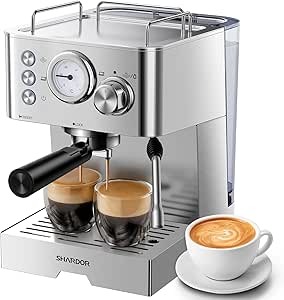 SHARDOR 20 Bar Espresso Machine,Fast Heating Expresso Coffee Machines for Home, Manual Latte & Cappuccino Maker with Milk Frother, 50 Oz Removable Water Tank, 1100W, Stainless Steel