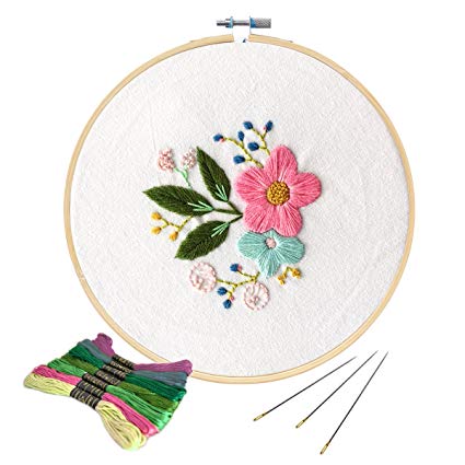 Unime Full Range of Embroidery Starter Kit with Partten, Cross Stitch Kit Including Embroidery Cloth with Color Pattern, Bamboo Embroidery Hoop, Color Threads, and Tools Kit (Posy)