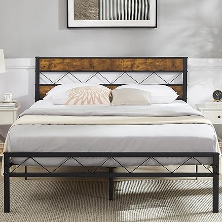 VECELO Queen Metal Platform Bed Frame with Rustic Vintage Wooden Headboard, Heavy Duty Metal Slats Support, Platform Mattress Base No Box Spring Needed, No Noise, Easy Assembly