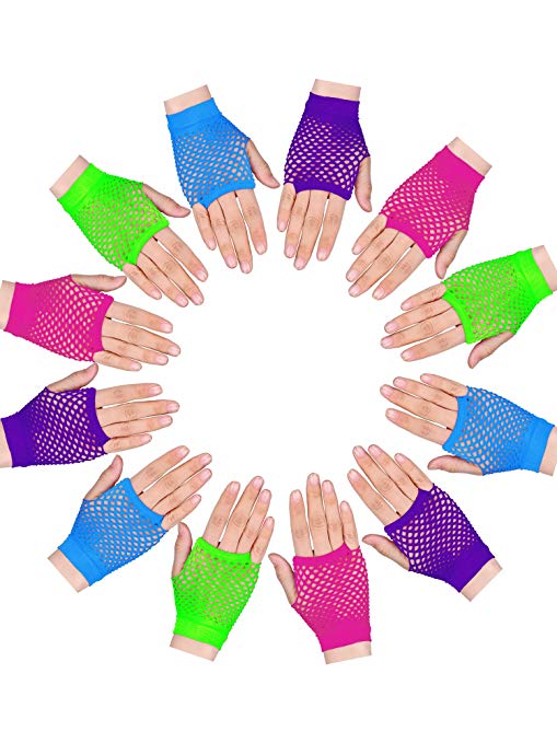 Tatuo 12 Pairs Fingerless Fishnet Gloves Neon Punk Wrist Glove for 80's Theme Party Supplies, Blue, Pink, Green and Purple
