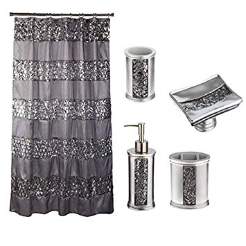 Popular Bath 5 Piece Sinatra Silver Shower Curtain and Resin Bath Accessory Set