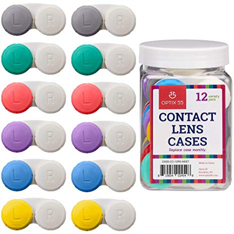 Contact Lens Cases, 12 Pack – Assorted Separate Colors for Left/Right Eyes – Durable, Compact, Portable, Bulk Supply - by Optix 55