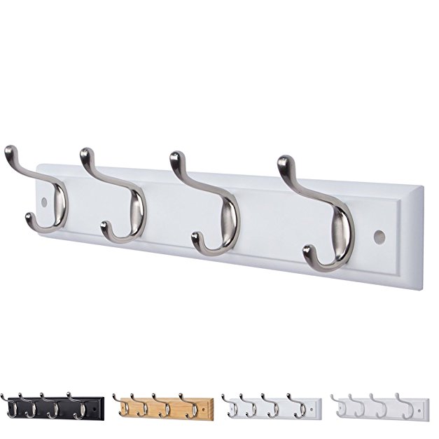 DOKEHOM DKH0114NWM 4-Satin Nickel Hooks (Available 4 and 6 Hooks) on White Wooden Board Coat Rack Hanger, Mail Box Packing