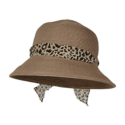 Leopard Print Straw Bucket Sun Hat for Spring & Summer – Cloche 3 in. Brim Cap