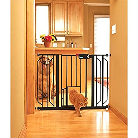 Black Expansion Gate with Swinging Door Wide Pet Gating Opening Doorway Cat Walk Through Hatch Entry Stairs Kitchen Hallway, Extends Upto 30-52 Inches Metal