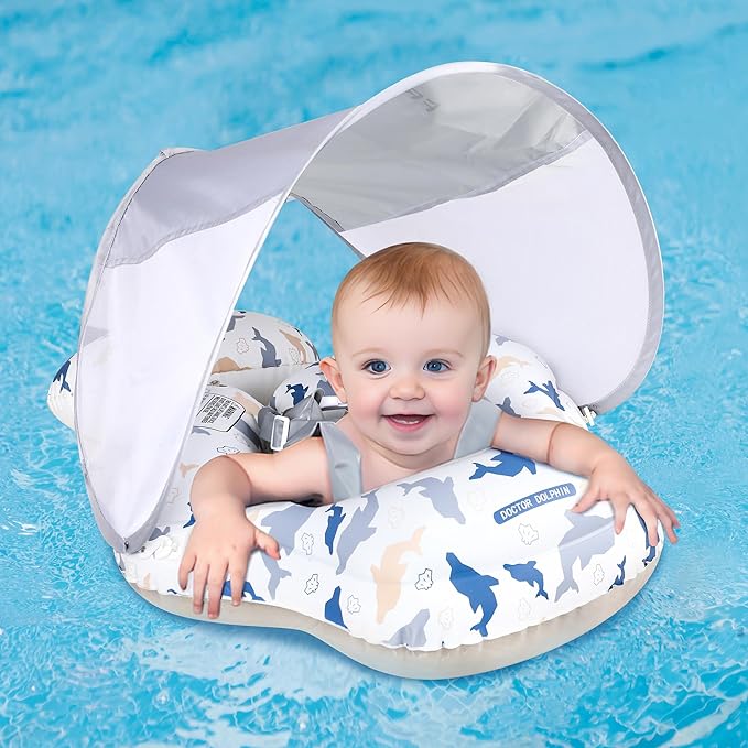 Doctor Dolphin Baby Pool Float with Buoy Tail Anti-Backflip Air Bag Inflatable Baby Swimming Float with Sun Canopy Awning for Age of 6-30 Months
