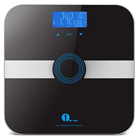 1byone Body Fat Scale Body Scale Bathroom Scale with Tempered Glass 180kg/400lb Weight Capacity 10 Users Auto Recognition Measures Weight Body Fat Water Muscle Calorie and Bmi Black