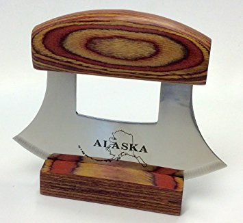 Alaska Ulu Knife Natural Exotic Wood Stand Etched Blade