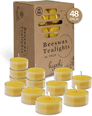 Hyoola Pure Beeswax Tea Lights - 48 Pack - Handmade Decorative Unscented - Tealight Candles - 4 Hour Burn Time, Clear Cup