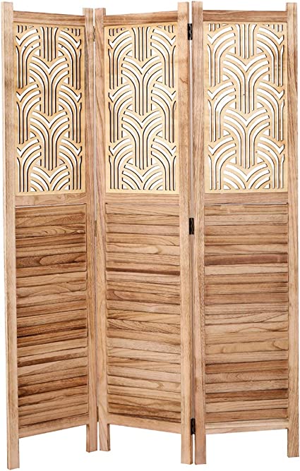 Legacy Decor 3 Panels Room Divider Rustic Wood w/Decorative Cutout Natural
