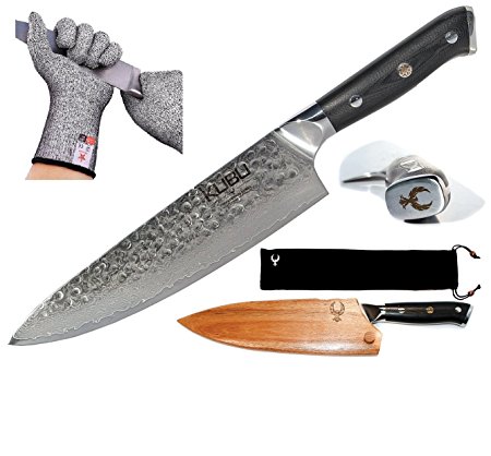 Koozam - Chef’s Knife - Japanese VG10 - AUS-10 - Professional Chefs Choice Knife - 8 Inch - Gyutou Damascus Hammered stainless steel, German Design with Cut Resistant Gloves (8 Inch Chefs Knife)