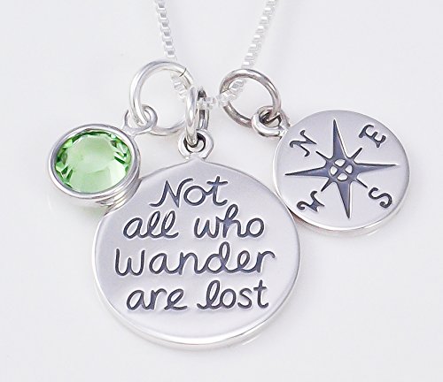 Not all those who wander are lost - Hand stamped Sterling Silver Necklace with Swarovski channel crystal - compass - Graduation - inspirational