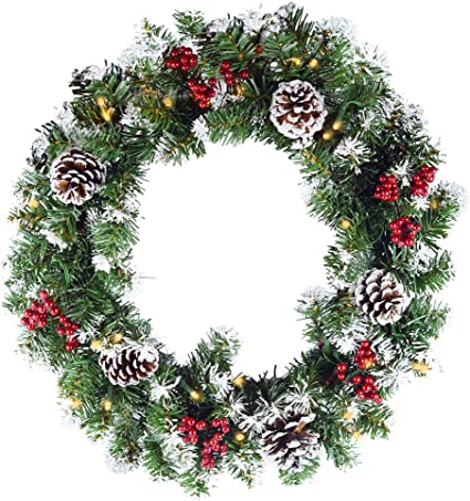 Leaflai Christmas Wreaths for Front Door - Prelit Xmas Wreath with Lights Battery Operated, Lighted Wreaths for Outdoors Cars, Pre-Strung 50 LED Lights Artificial Christmas Wreath