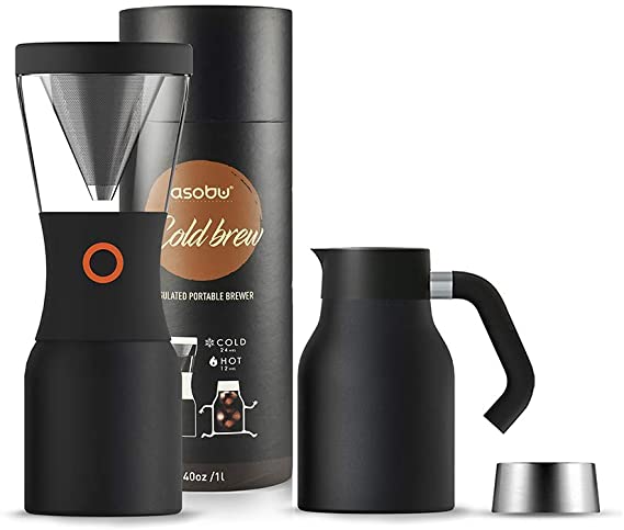 Asobu Coldbrew Portable Cold Brew Coffee Maker With a Vacuum Insulated Stainless Steel 18/8 Carafe with Pouring Handle (Black)