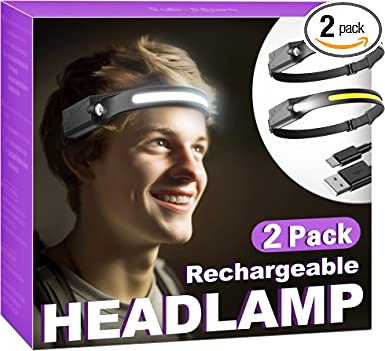 LED Headlamp Rechargeable [2 Pack], Headlamps for Adults Rechargeable, 230° Wide Beam 5 Modes Hardhat Headlamp for Forehead Type-C Charging Head Lamp for Camping, Hiking, Running, Repairing, Fishing