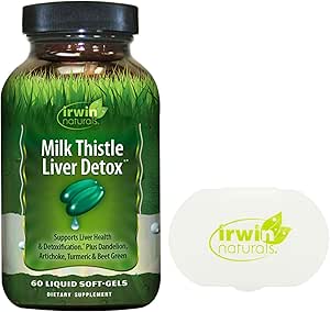 Irwin Naturals Milk Thistle Liver Detox Supplement with Dandelion, Turmeric Root, Artichoke Extract and Beet Root- 60 Liquid Softgels with Pill Case Cleanse Formula Supplements, Liver Health