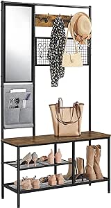 Yaheetech Coat Rack, Large Coat Stand with Mirror, Free Standing Hall Tree with Shoe Storage Bench & Storage Bag, 6-in-1 Design, Steel Frame, for Hallway Living Room Home Office, Rustic Brown