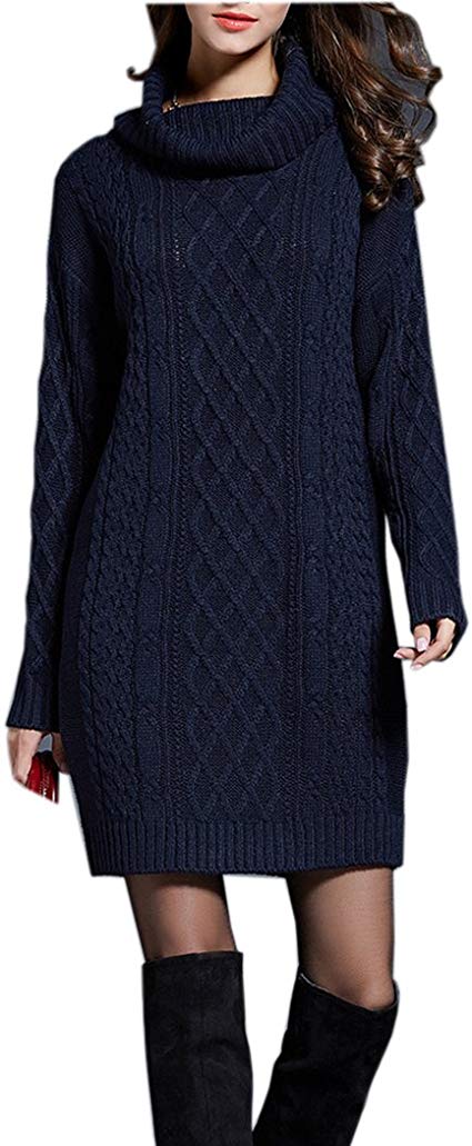 NUTEXROL Women's Long Sleeve Turtleneck Knit Thick Cable Pullover Sweater Dress