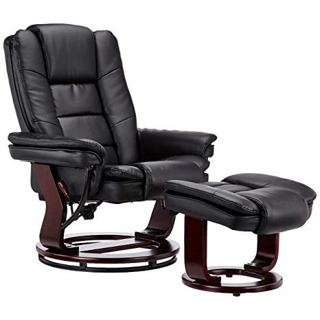 JC Home Contemporary Black Leather Recliner and Ottoman with Swiveling Mahogany Wood Base