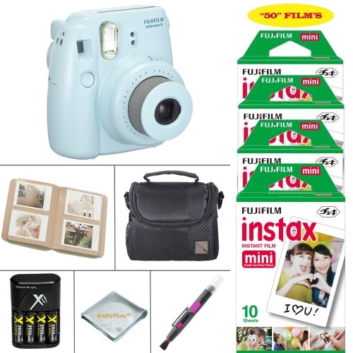 Fujifilm Mini 8 Instant Film Camera (Blue) - Fujifilm Instax Film 50 SHEETS - Battery & Cahrger - Photo Album - Case