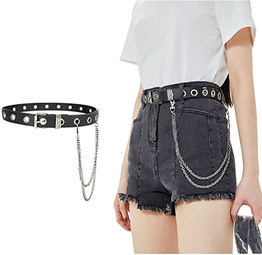 FIORETTO Grommet Leather Belt with Detachable Chain Women Men Punk Rock Waist Belts for Jeans Pants