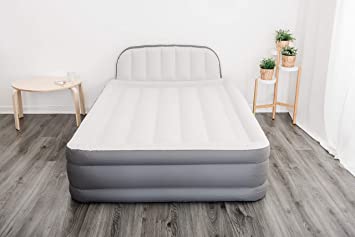 LIVIVO Deluxe Flocked Air Bed Mattress – Portable Inflatable Queen Airbed with Headboard Backrest And Built-In Electric Pump, Elevated, Raised & Structured Air Coil Technology