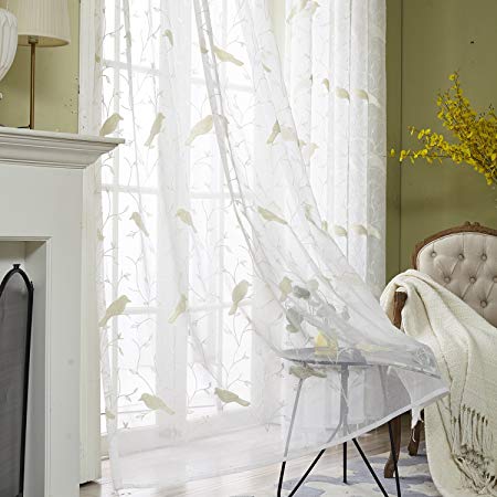 VOGOL Rod Pocket Sheer Curtains Elegant Embroidered Bird Design Off White Window Drapes/Panels for Living Room, 54 x 84,Two Panels