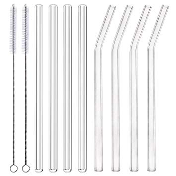 ALINK Glass Smoothie Straws, 10" x 10 mm Long Reusable Clear Drinking Straws for Smoothie, Milkshakes, Pack of 8 with 2 Cleaning Brush,