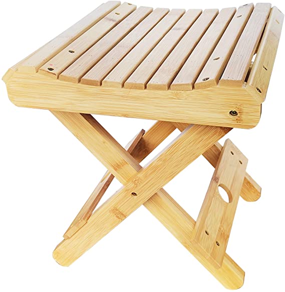 12 Inch High Natural Bamboo Folding Stool for Shaving/ Shower/ Foot Rest/Outside Fishing Chair, Fully Assembled (Natural)
