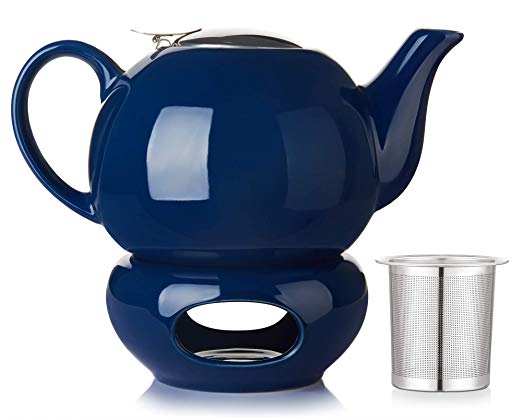 DOWAN 44oz Teapot With Warmer & Stainless Steal Infuser & Lid, Navy Blue