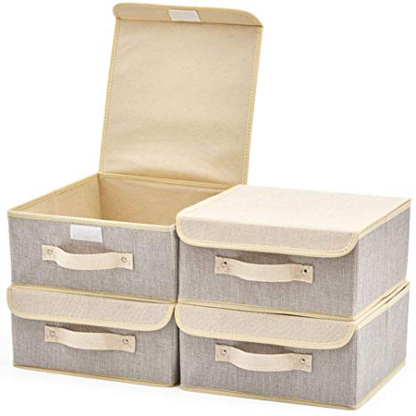 EZOWare 4-Pack Small Foldable Fabric Storage Basket Bin, Collapsible Storage Box Cube Organizer Container with Lid for Nursery, Closet, Bedroom - 10.5 x 10.5 x 5 inches, (Gray & Beige)