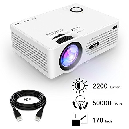 QKK 2200 Lumens LCD Projector, Mini Home Theater Projector, Supports 1080P Full HD, HDMI, VGA, USB x 2, SD, AV and Headphone Interface, HDMI and AV Cable, Multimedia Home Theater Entertainment, White.